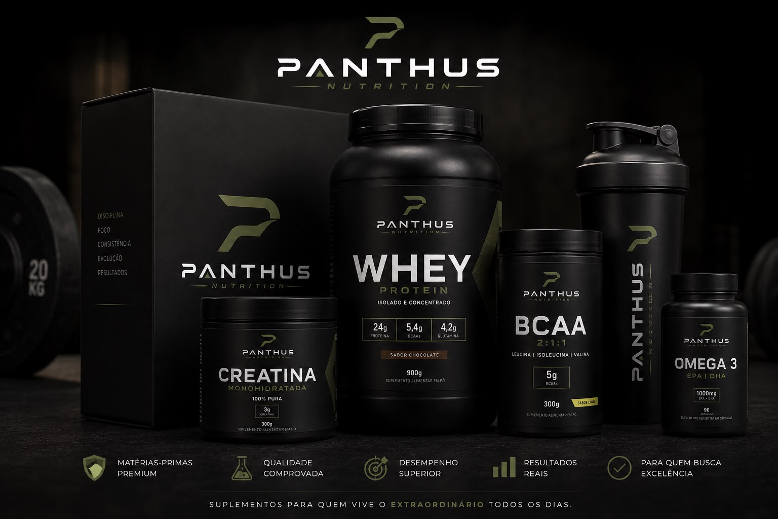 Protótipos da linha Panthus Nutrition: Whey Protein, Creatina, BCAA, Ômega 3 e coqueteleira